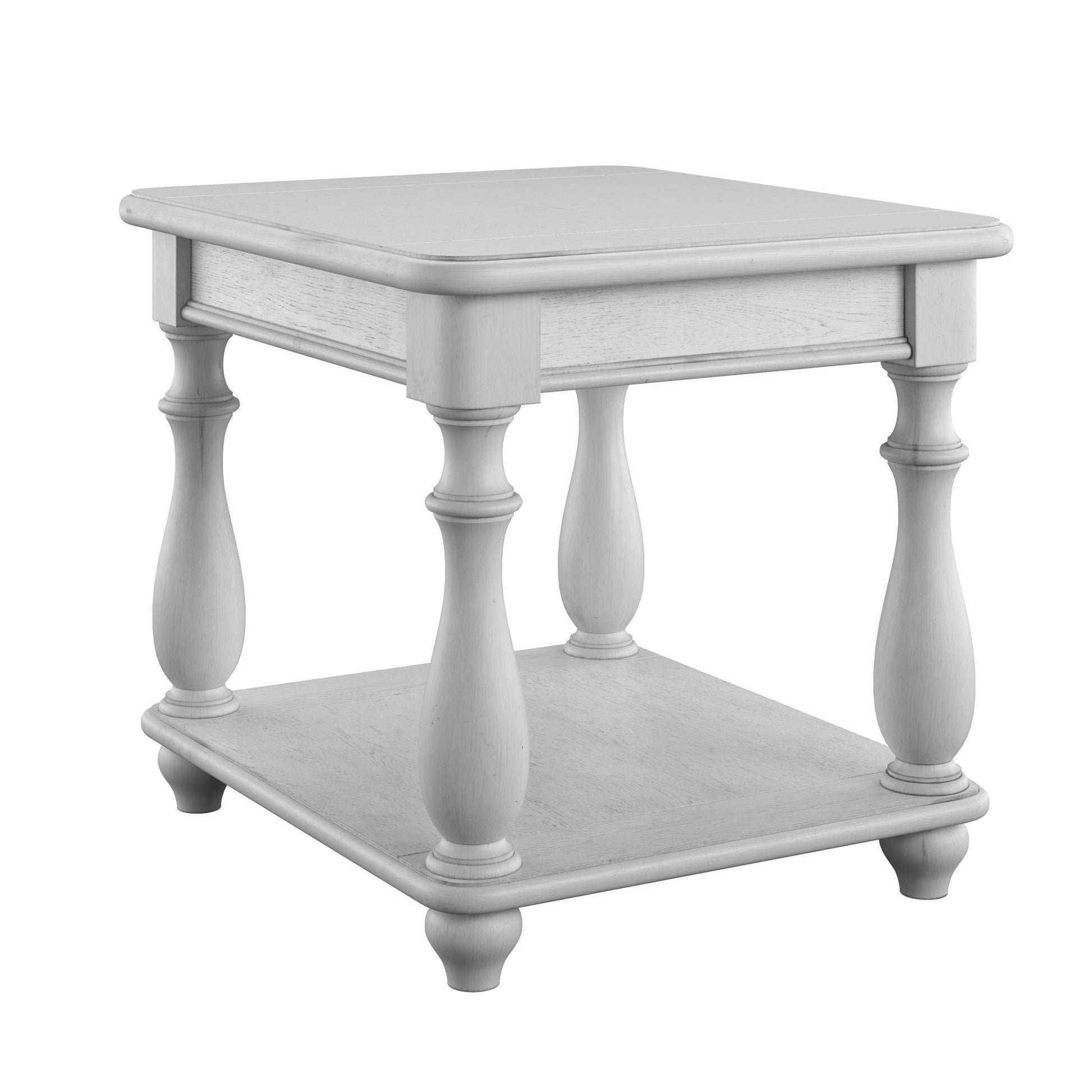 White wood end table with turned legs and a lower shelf