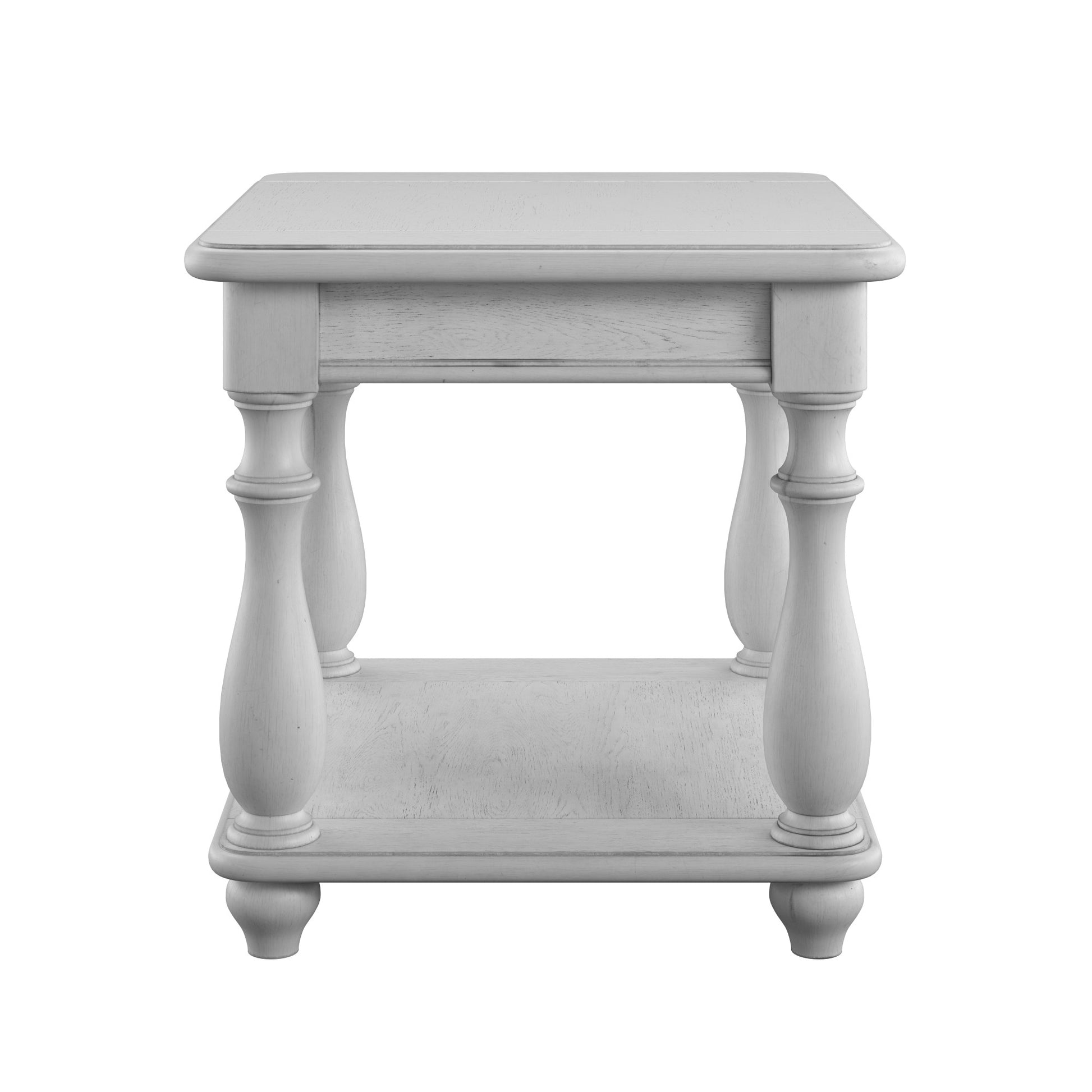 Distressed white wooden side table with turned legs and lower shelf