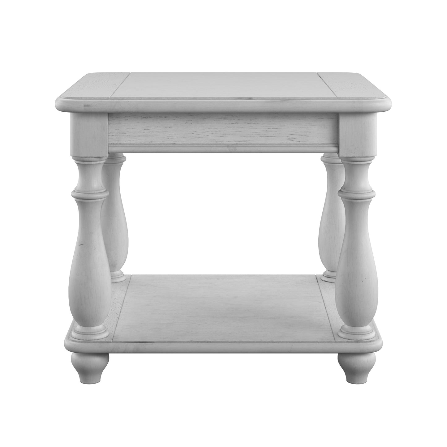 White farmhouse end table with turned legs and bottom shelf