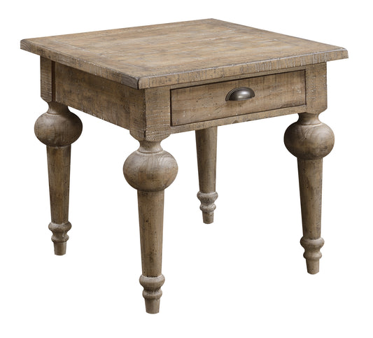 Rustic brown wood end table with single drawer and decorative turned legs