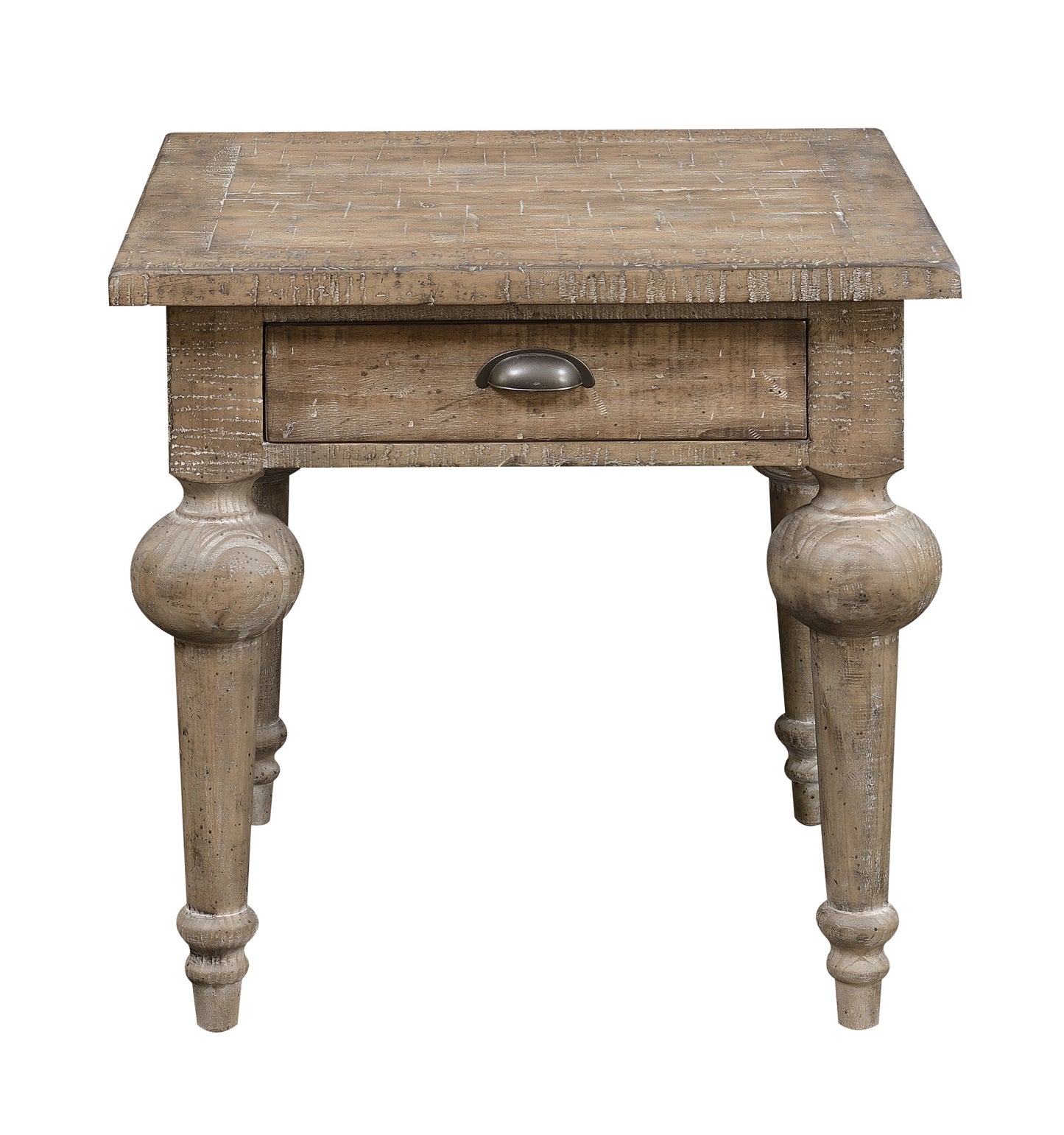 Distressed wood end table with a single drawer and ornate turned legs