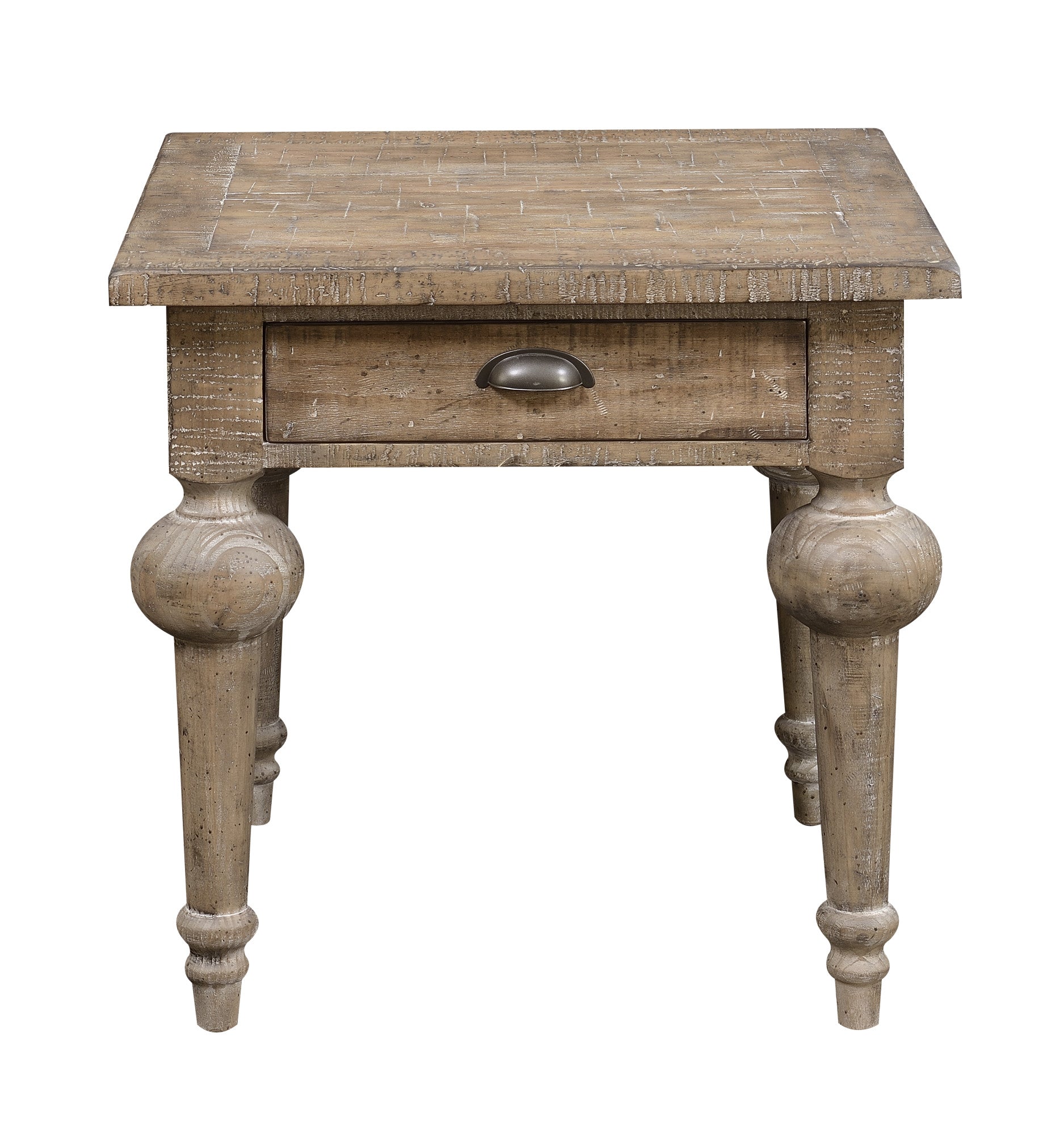 Distressed wood end table with a single drawer and ornate turned legs