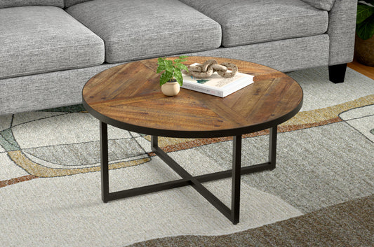 Round reclaimed wood coffee table with black metal Xframe base