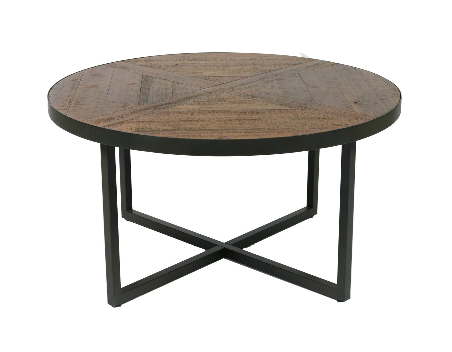 Rustic round wooden coffee table with industrial black metal base