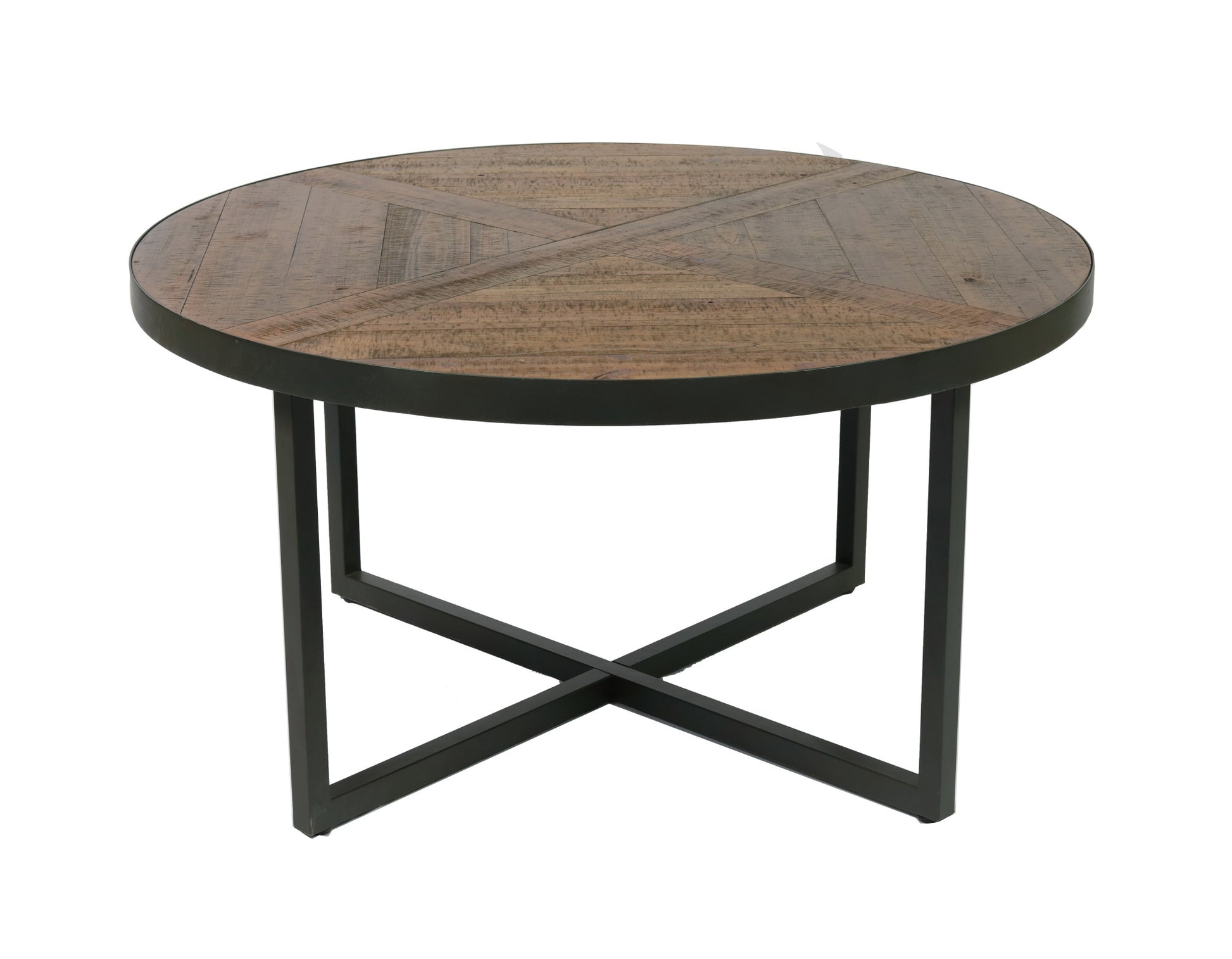 Rustic round wooden coffee table with industrial black metal base