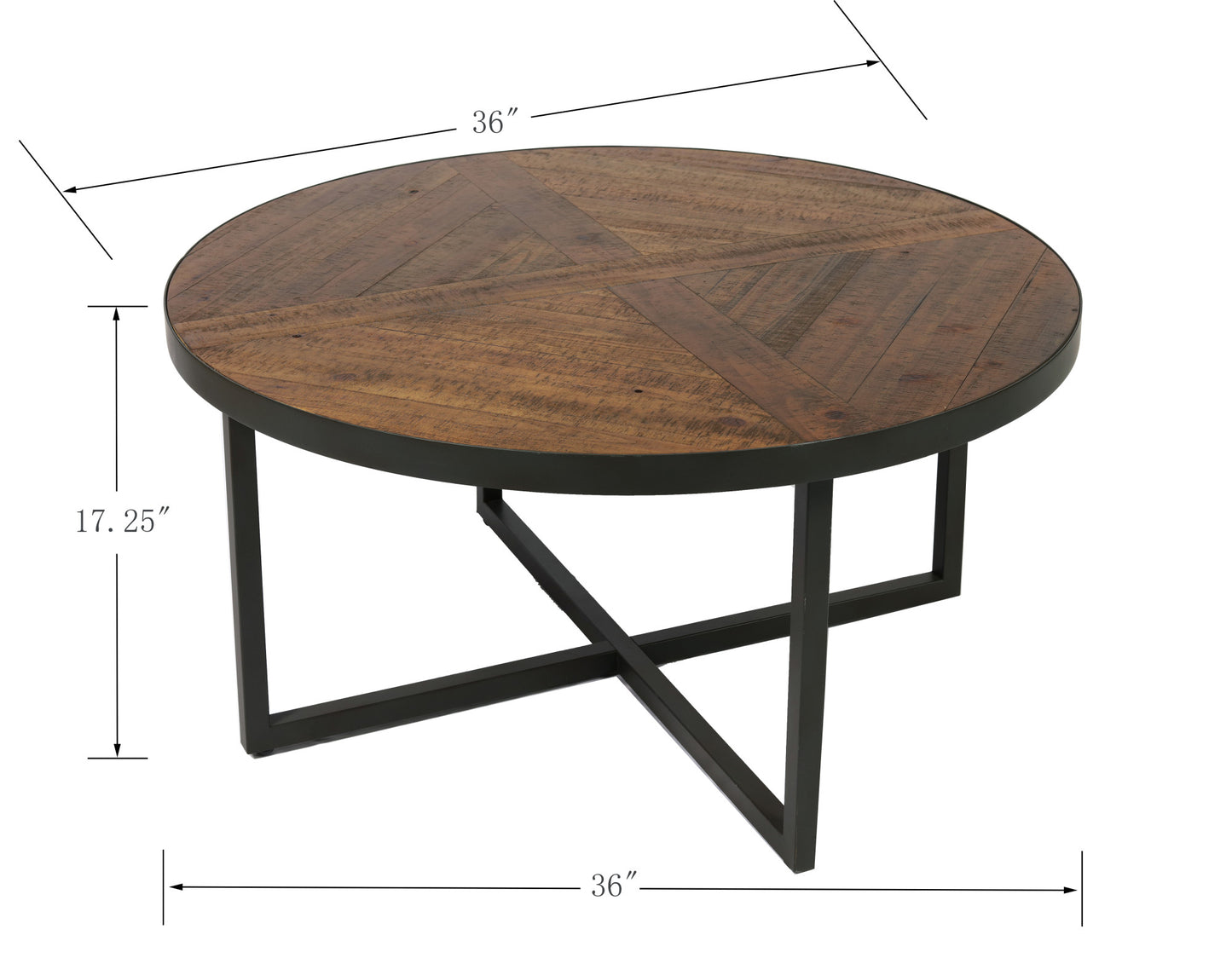 Round reclaimed wood coffee table with a black metal frame and crisscross base