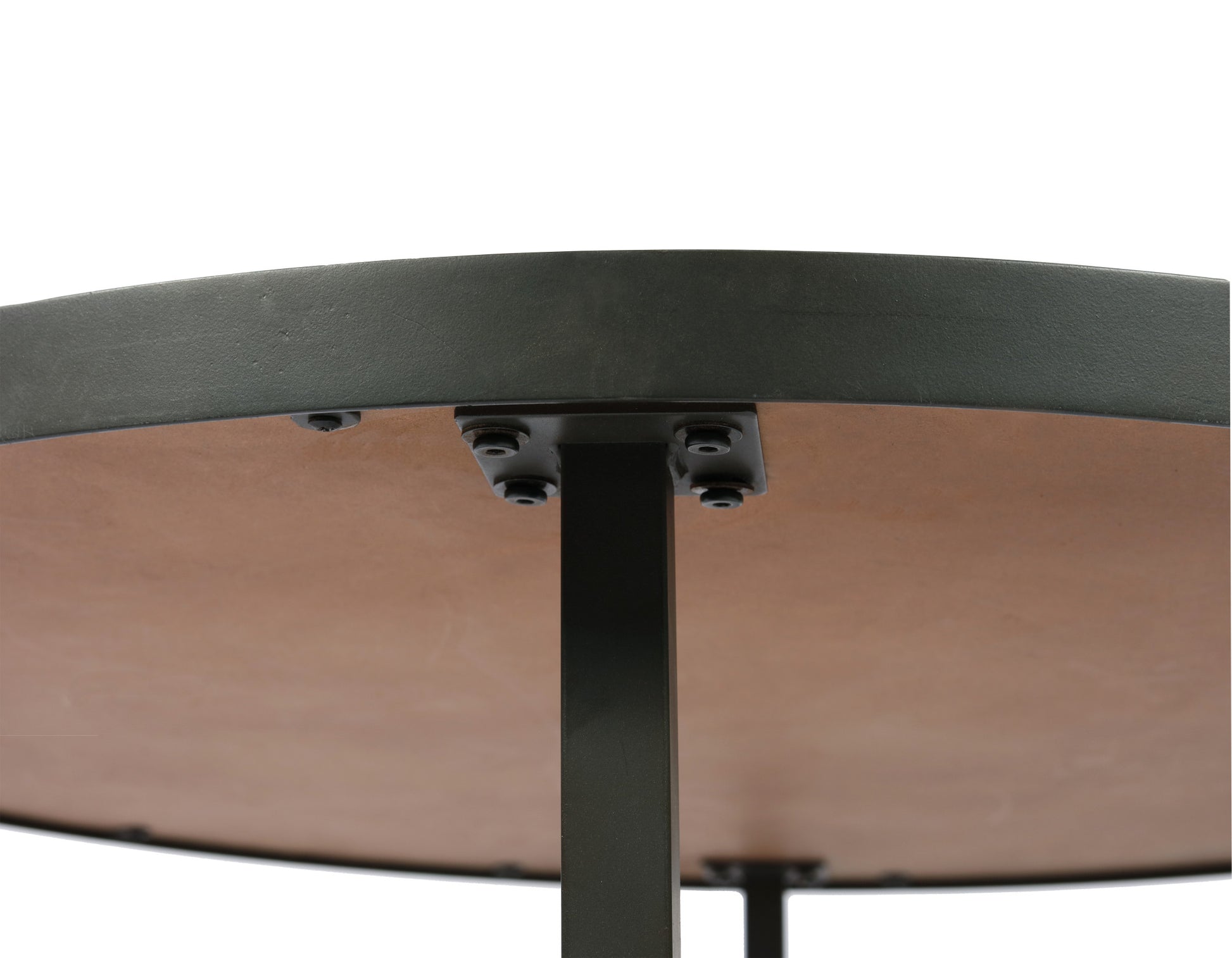 Underside view of a round coffee table with a dark green metal rim and a brown wood tabletop featuring visible bolts
