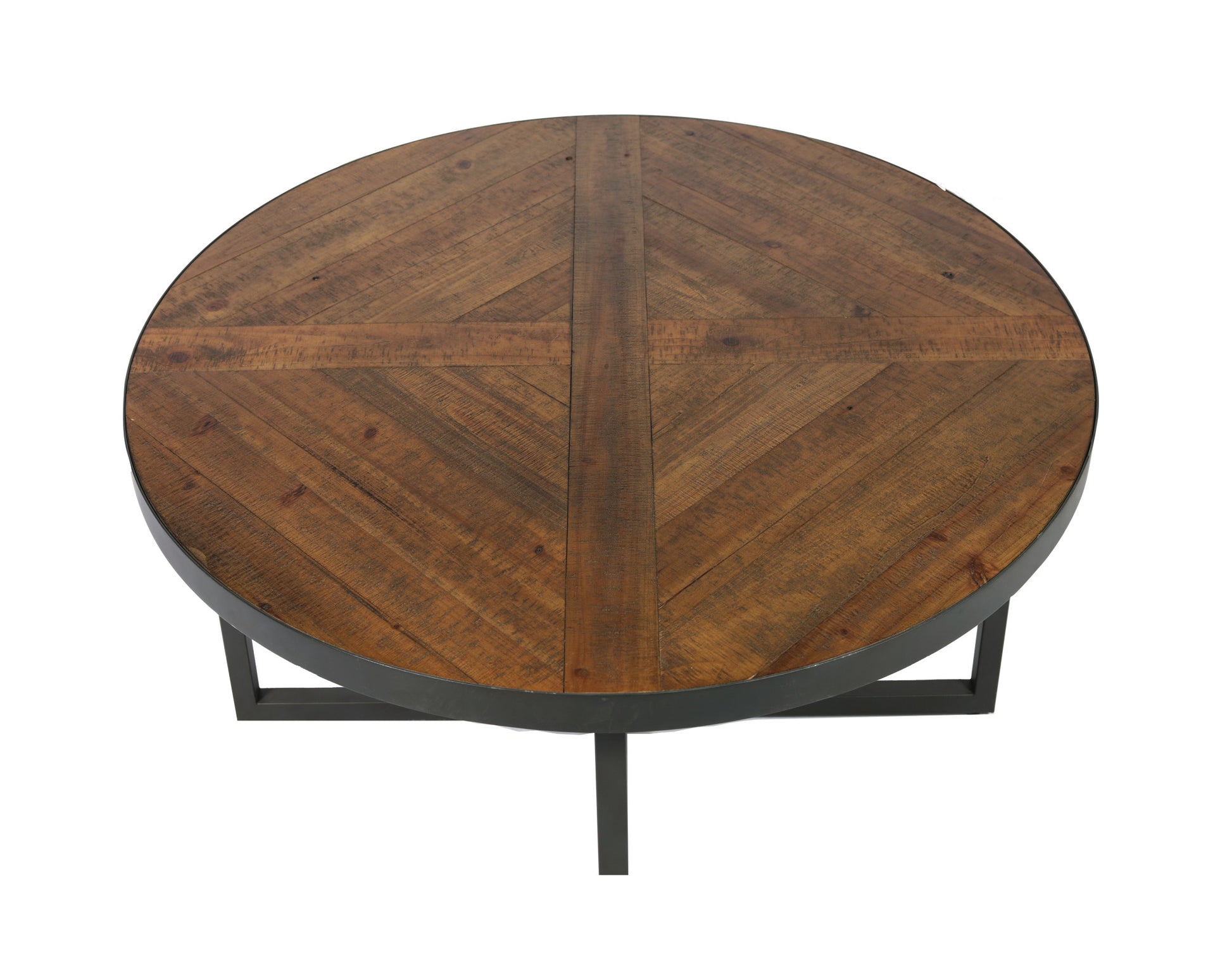 Round reclaimed wood coffee table with chevron pattern and dark metal base