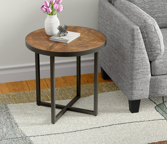 Round wood top end table with black metal base and crisscross legs