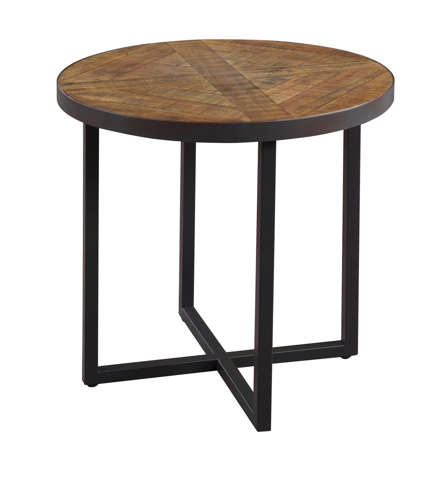 Round industrial side table with distressed wood top and black metal frame