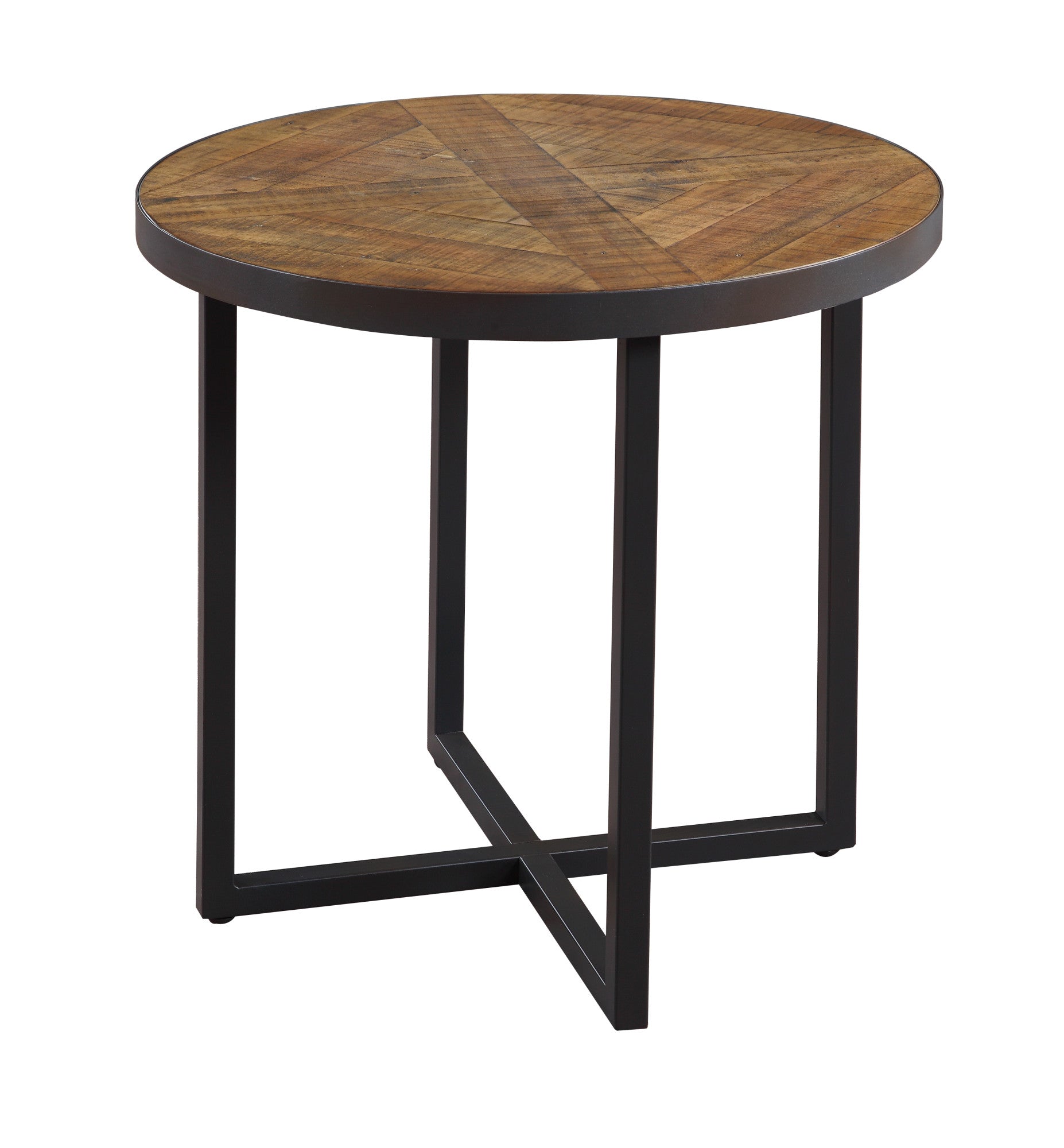 Round industrial side table with distressed wood top and black metal frame