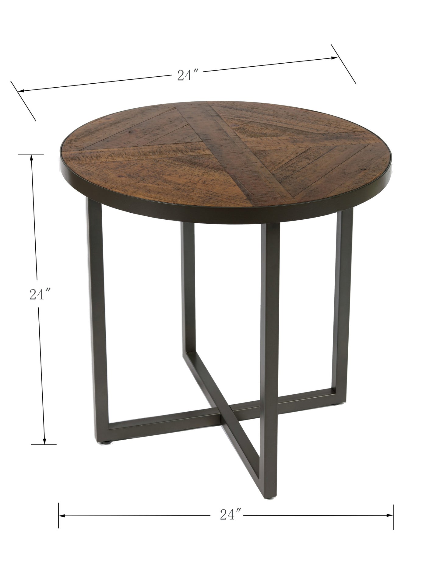 Round wood end table with rustic finish and metal base