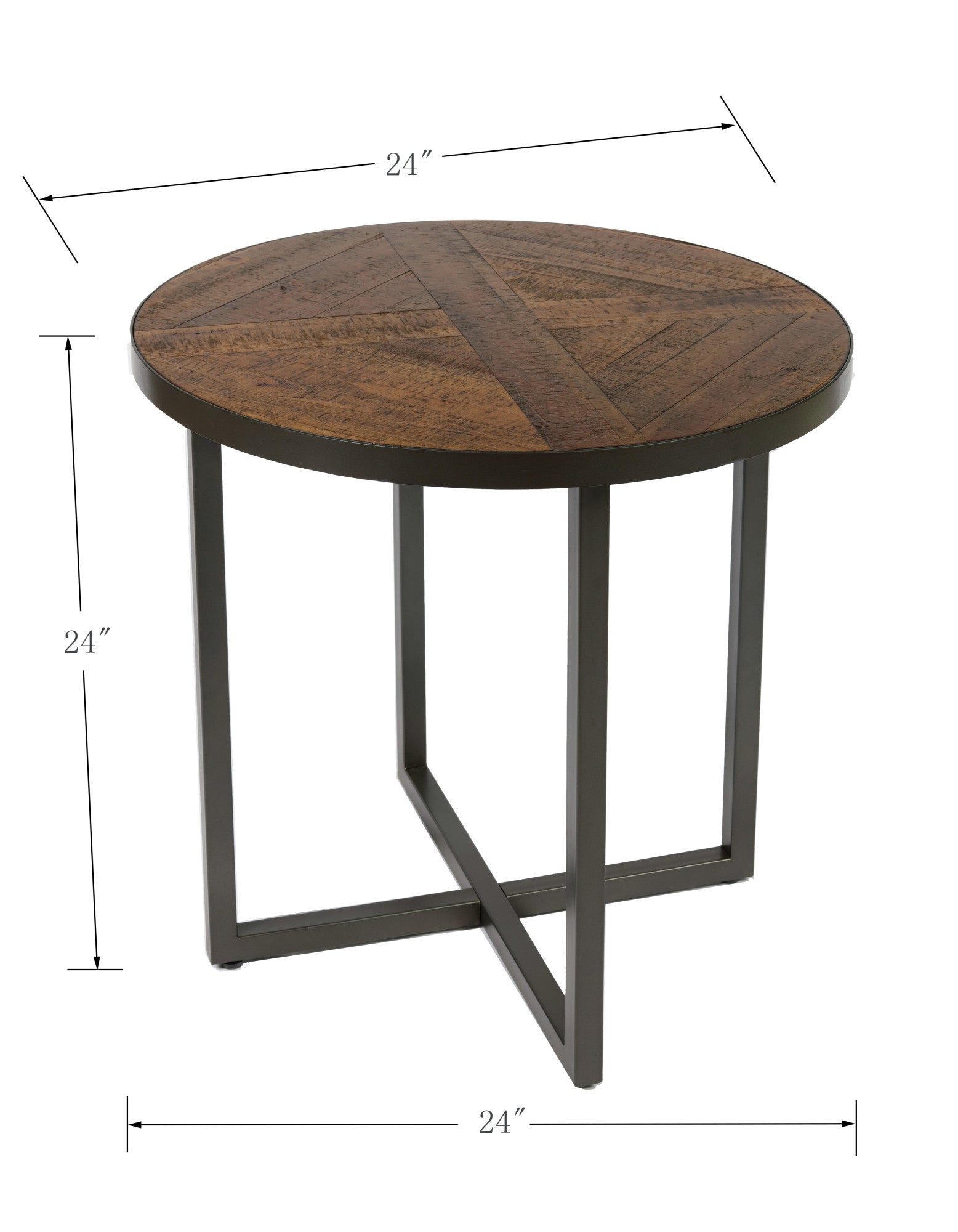 Round wood end table with rustic finish and metal base