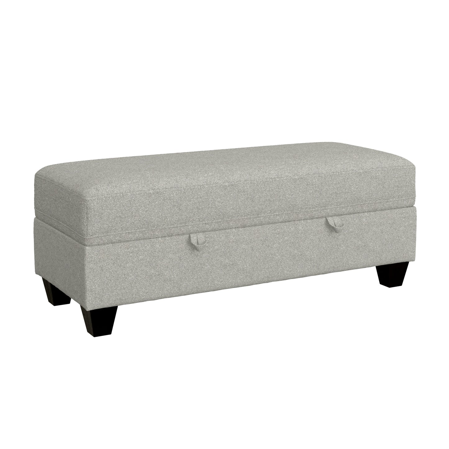 Grey fabric storage ottoman with black wooden legs and two pull tabs