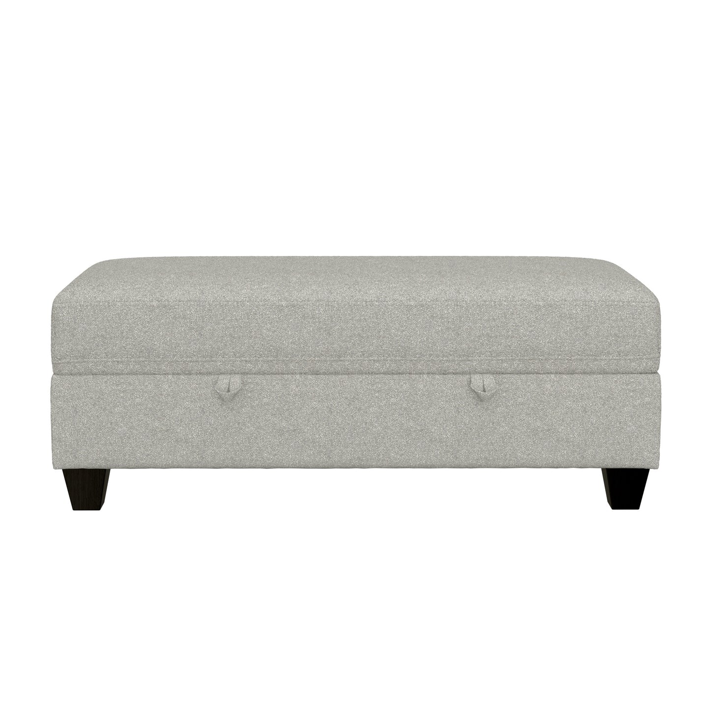 Light gray fabric ottoman with storage and dark wooden legs