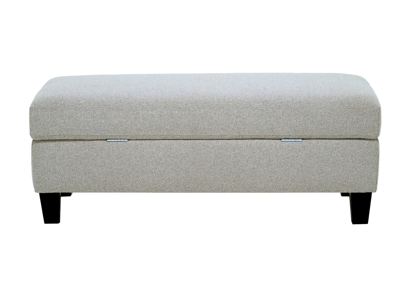 Modern grey upholstered storage ottoman with hinged top and black wooden legs