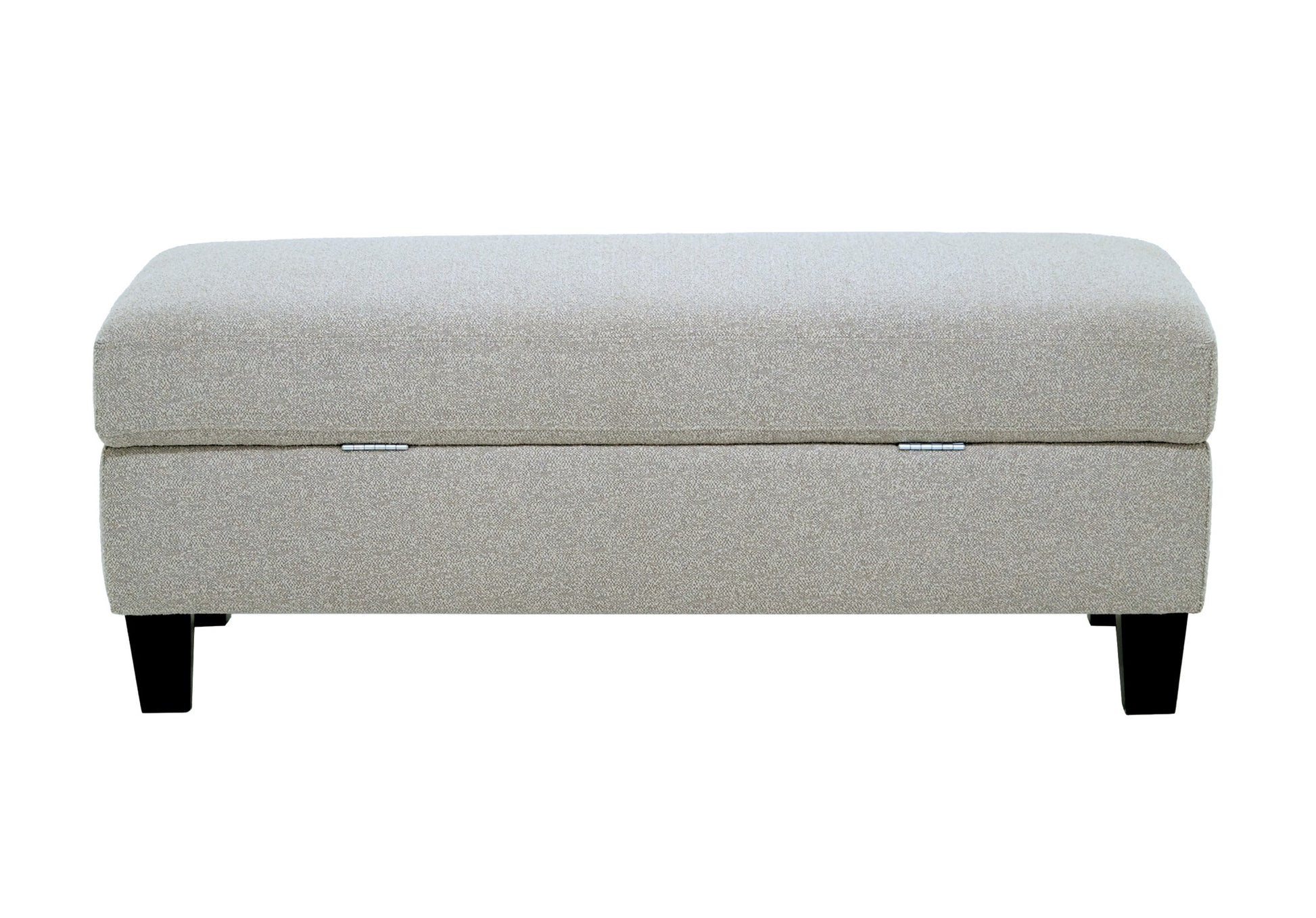 Modern grey upholstered storage ottoman with hinged top and black wooden legs