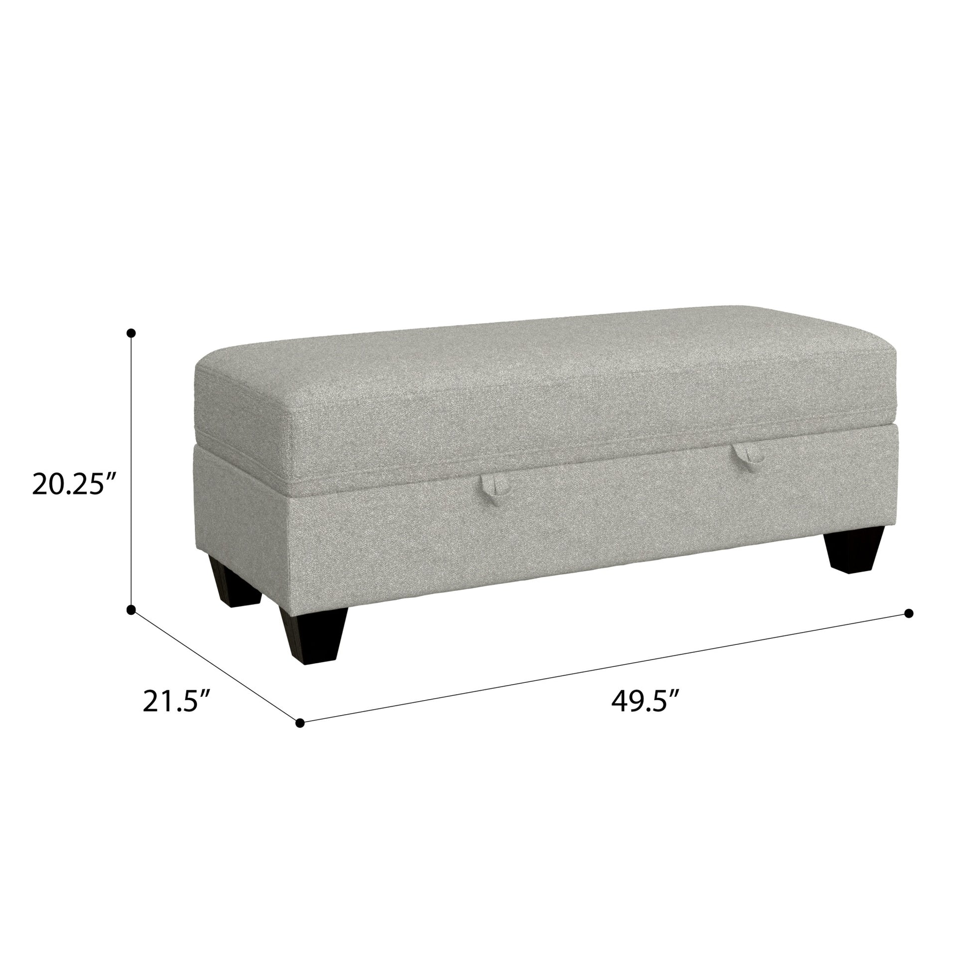 Light grey upholstered storage ottoman with black legs