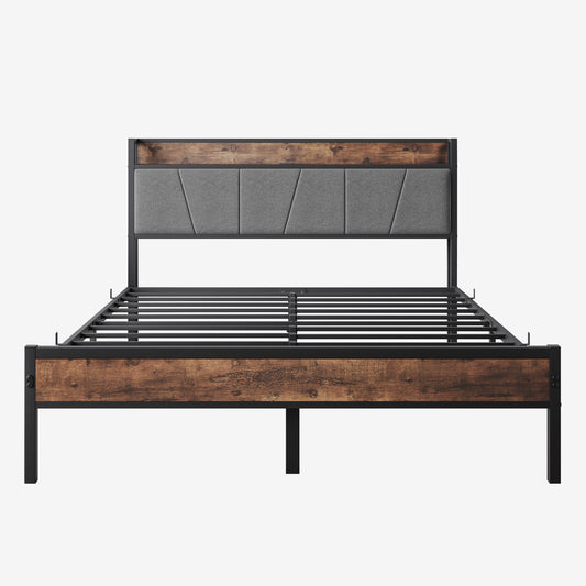 Industrial style metal bed frame with upholstered grey headboard and wood accents
