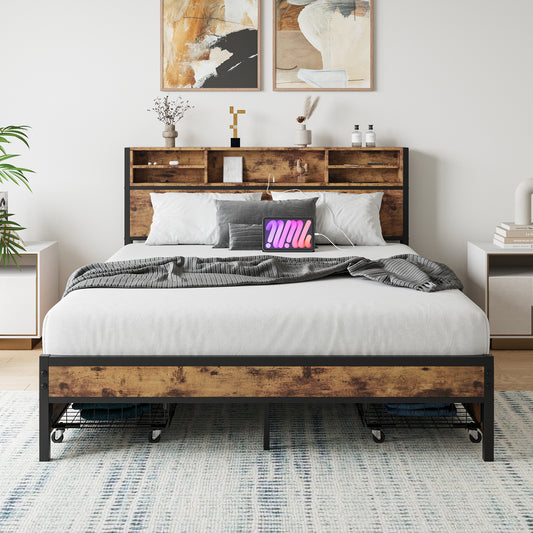Rustic wood and black metal platform bed with storage headboard