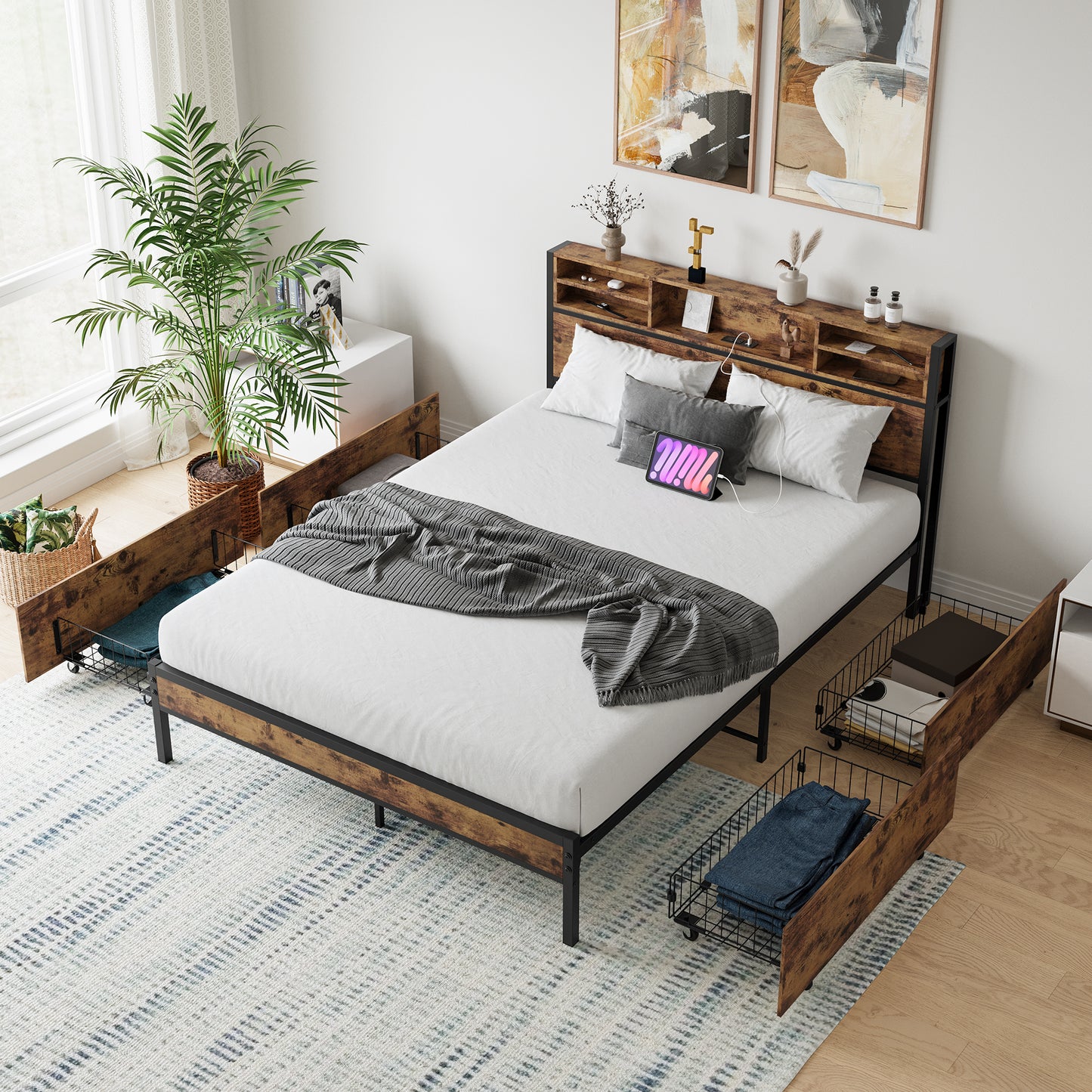 Rustic wood platform bed with headboard storage and builtin drawers