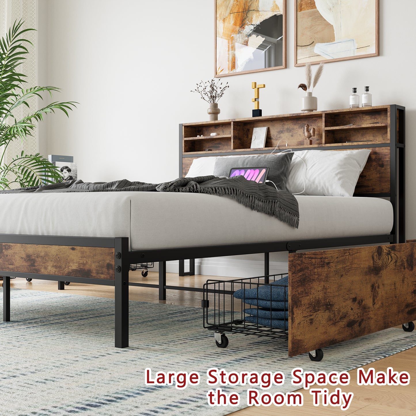 Rustic wood and metal platform bed frame with builtin headboard storage shelves