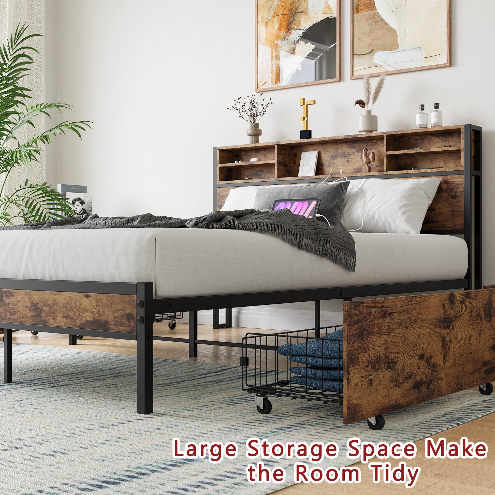 Rustic wood and metal platform bed frame with builtin headboard storage shelves