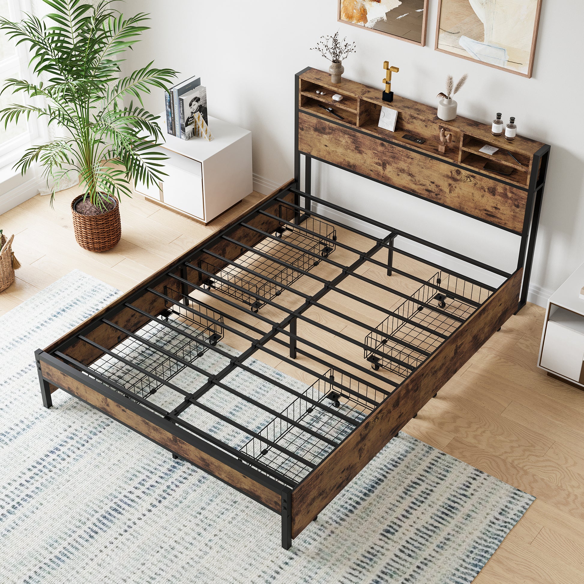 Rustic wood and black metal bed frame with storage headboard