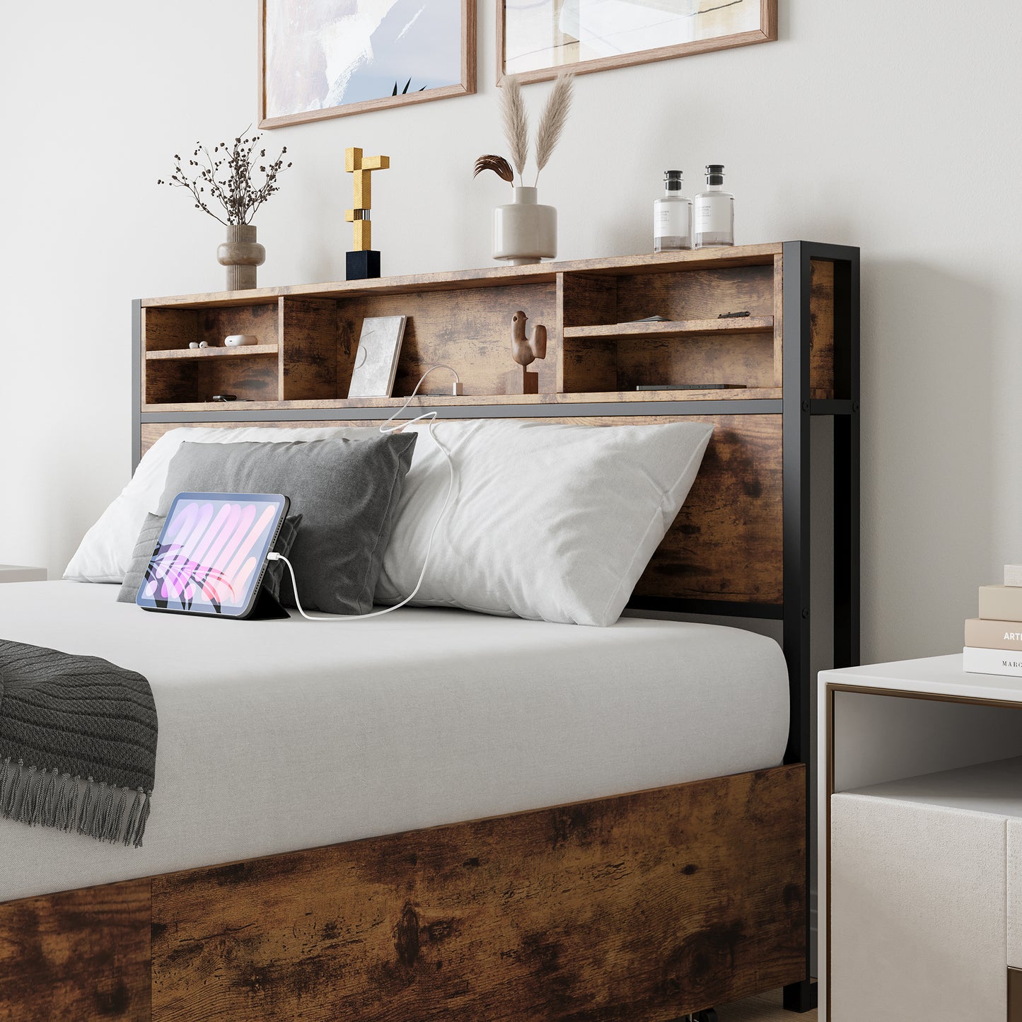Rustic brown wood headboard with integrated storage shelves