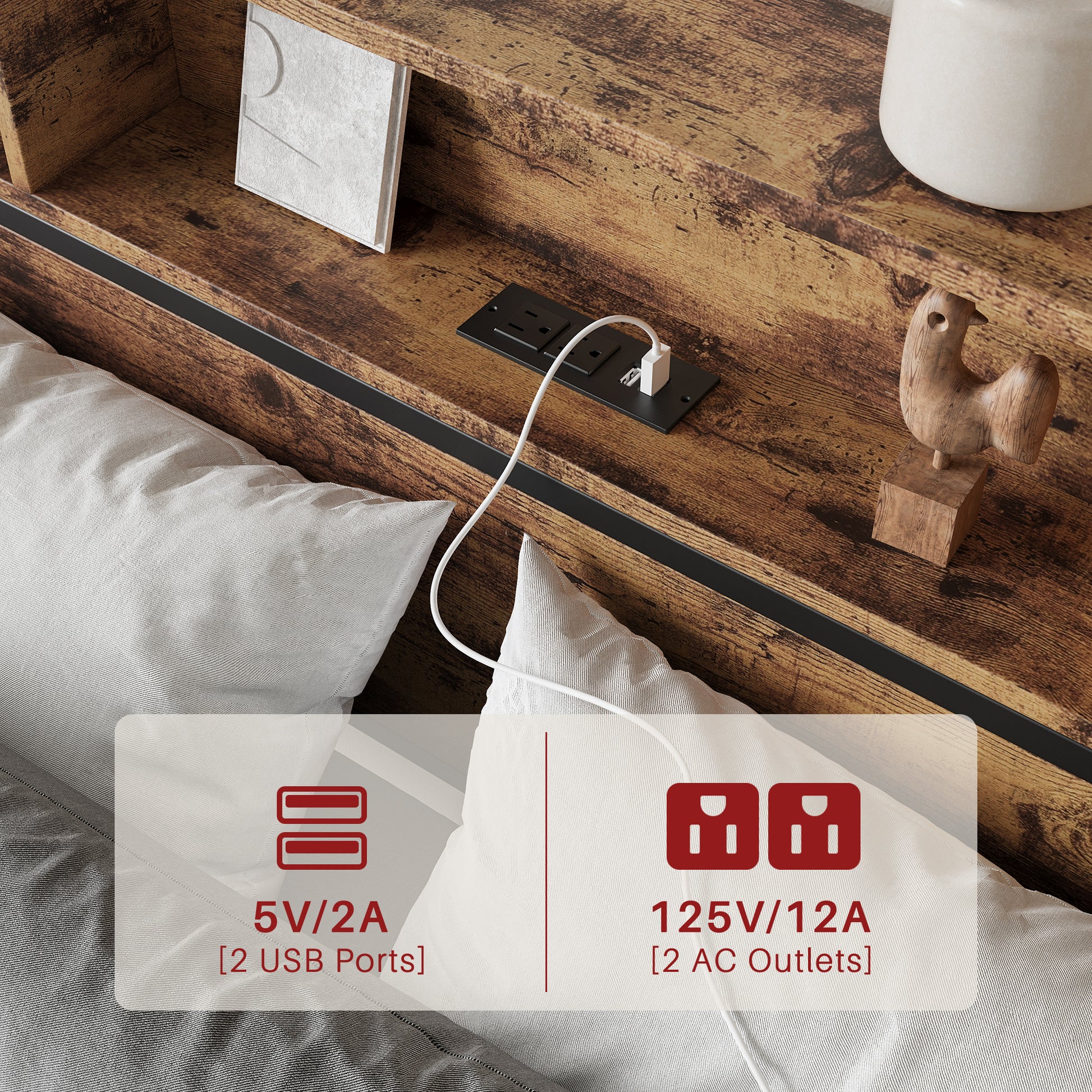 Rustic wood headboard with builtin charging station