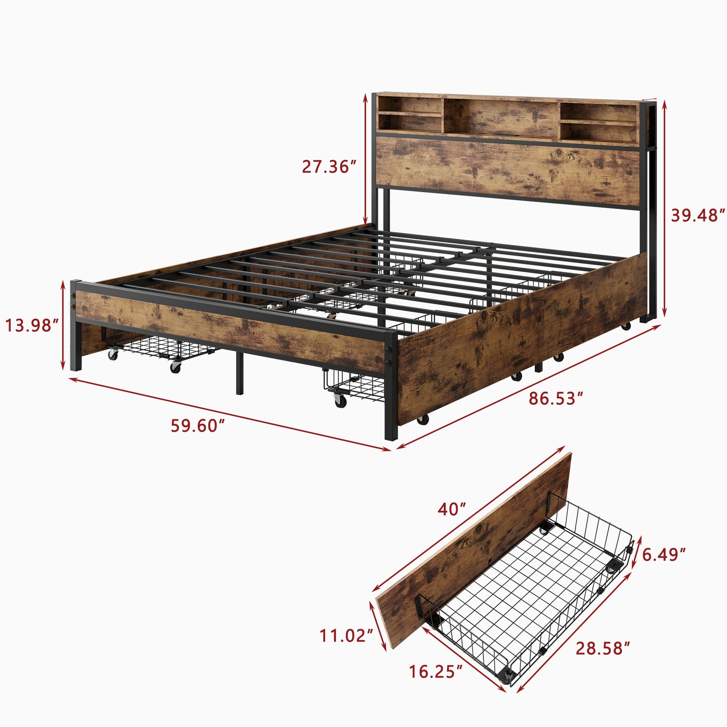 Rustic wood and metal platform bed frame with headboard storage