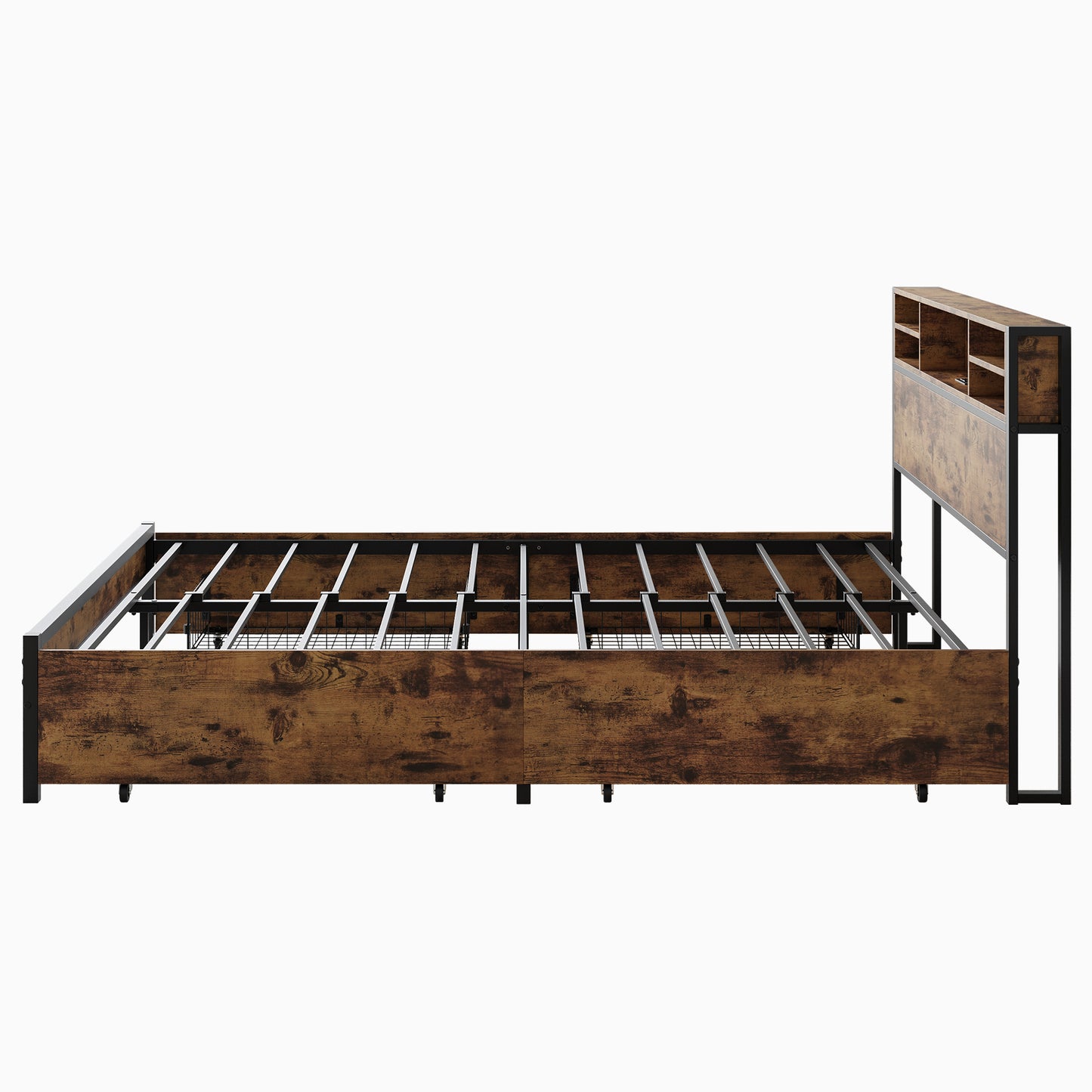 Industrial wood and black metal platform bed frame with storage headboard