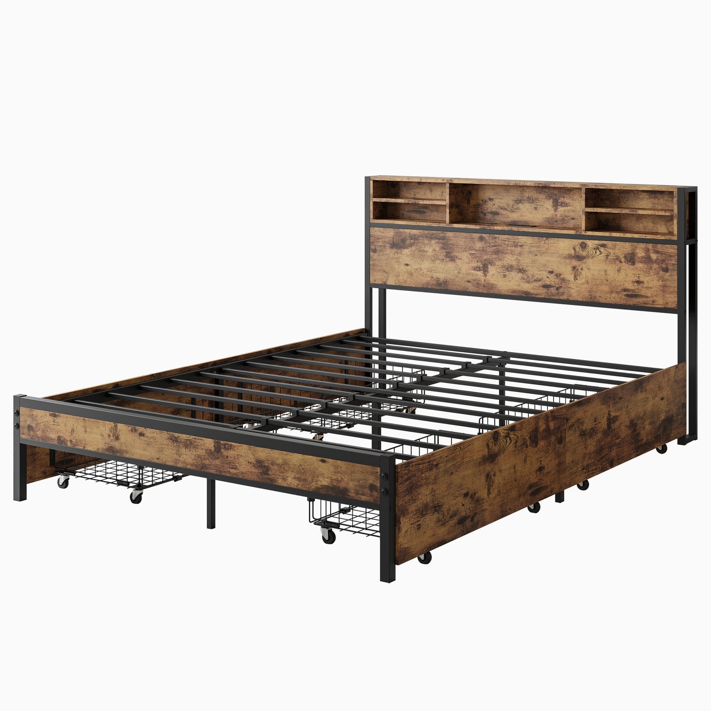 Industrial loft bed frame with rustic wood headboard and storage