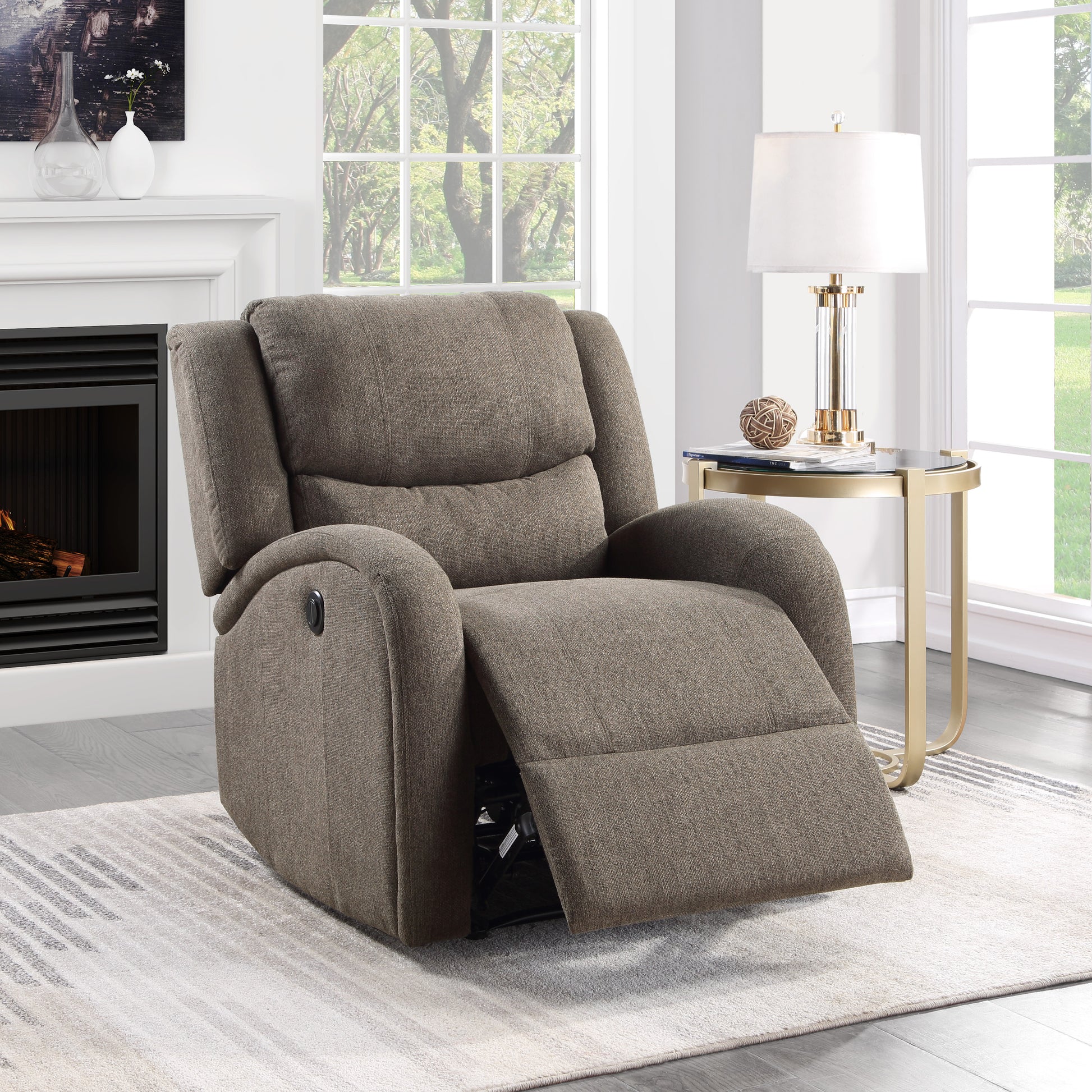 Brown fabric recliner chair with plush cushioning and metal lever Perfect for living rooms
