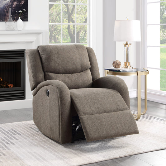 Brown fabric recliner chair with plush cushioning and metal lever Perfect for living rooms