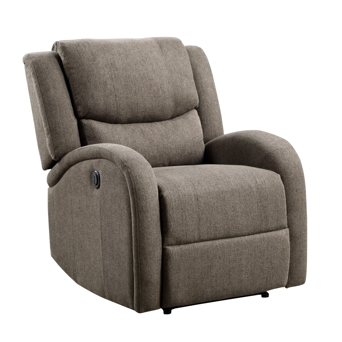 Brown fabric recliner chair with padded headrest and armrests