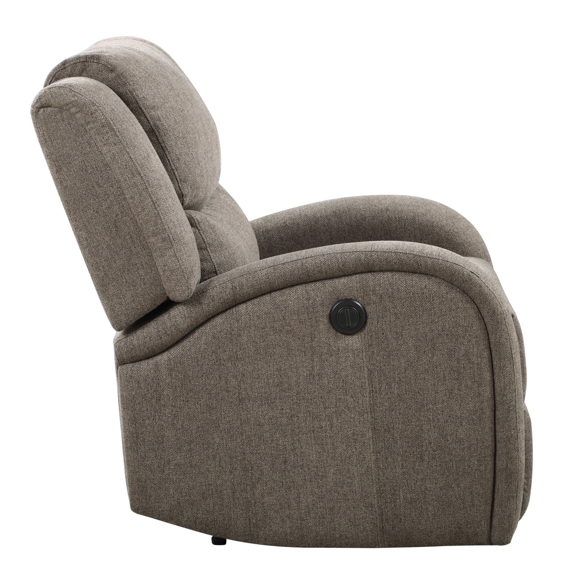 Brown fabric recliner chair with plush cushioning and side lever for comfort