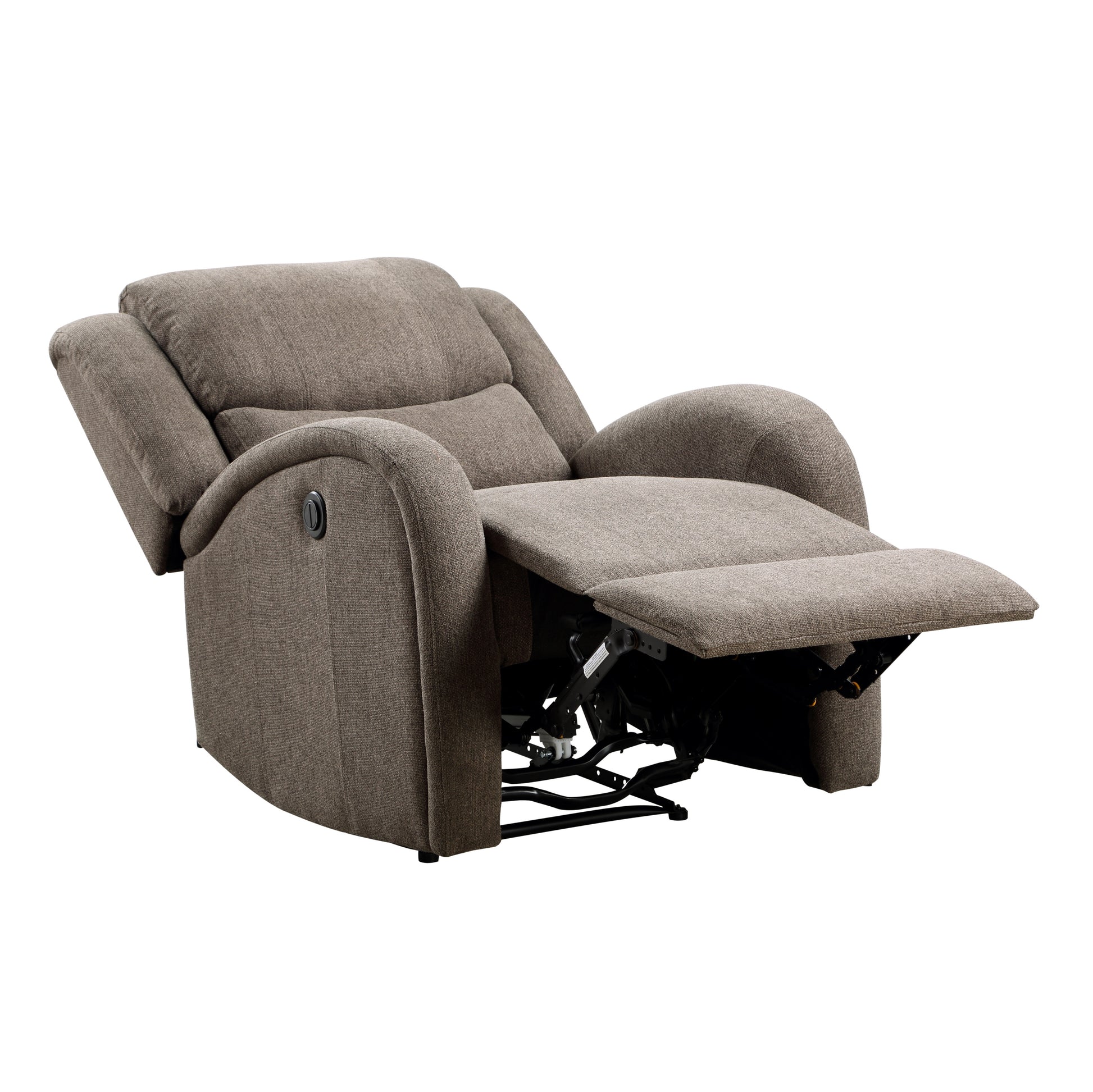 Taupe fabric power recliner chair with extended footrest and visible mechanism