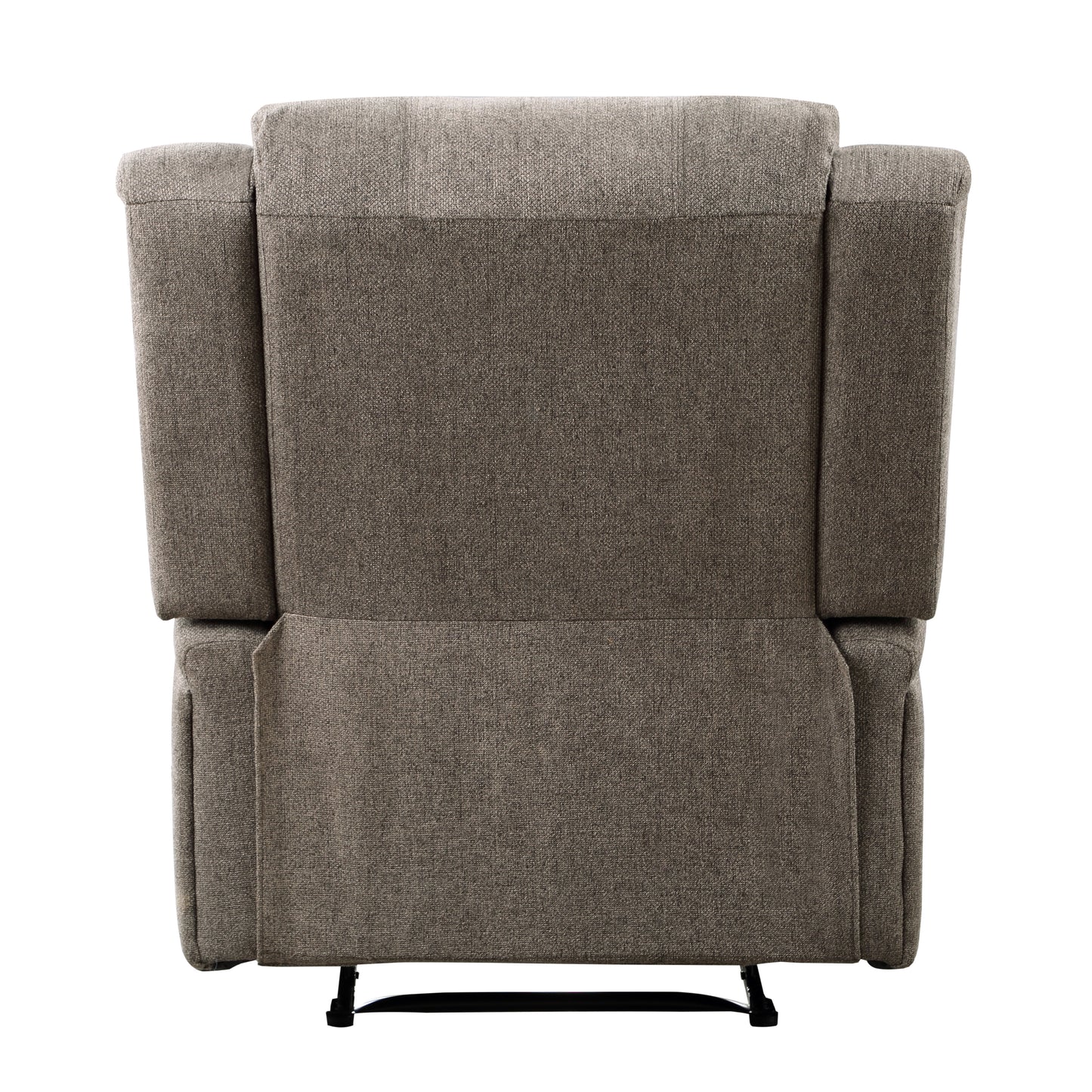 Rear view of a grey fabric recliner chair with padded armrests and a textured weave
