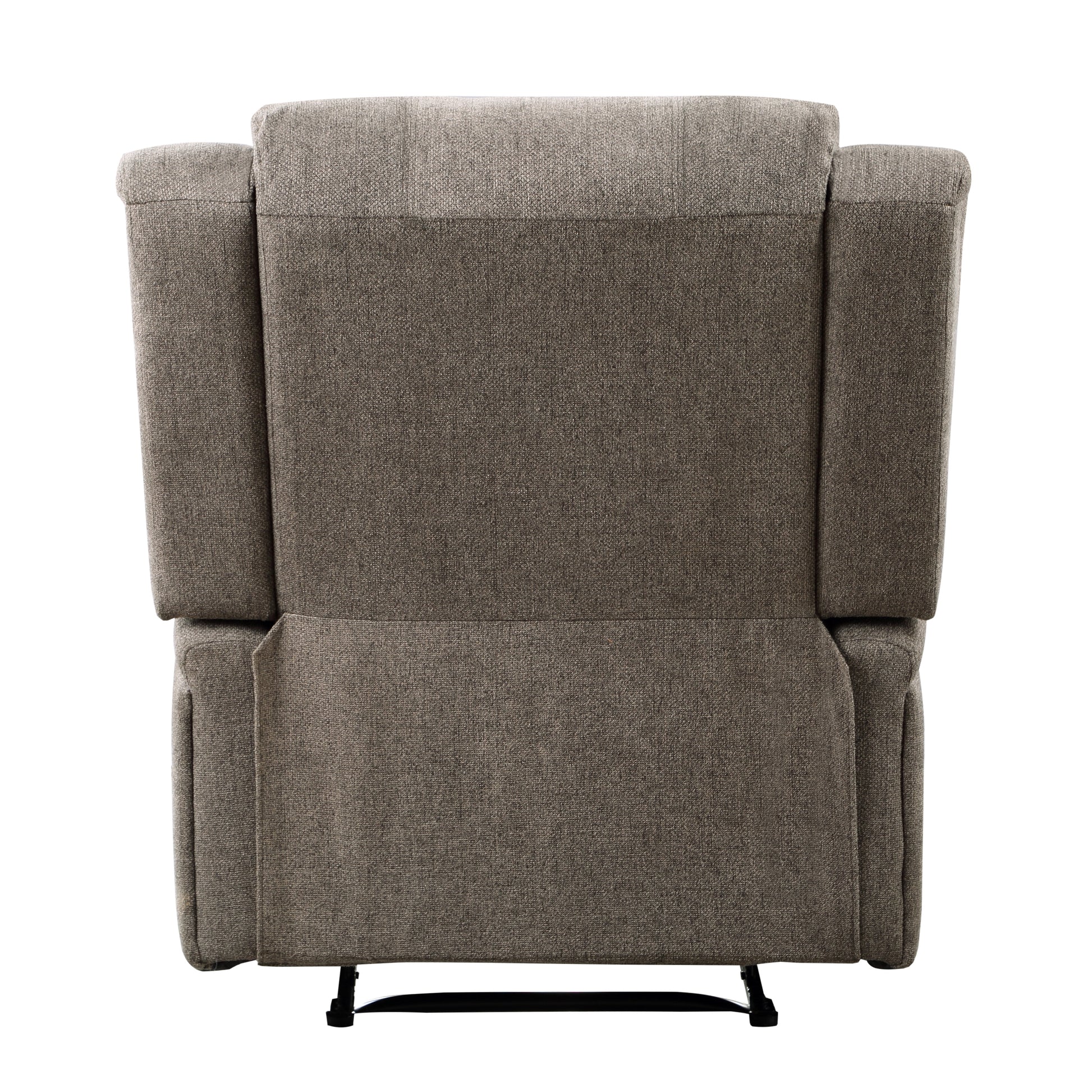 Rear view of a grey fabric recliner chair with padded armrests and a textured weave