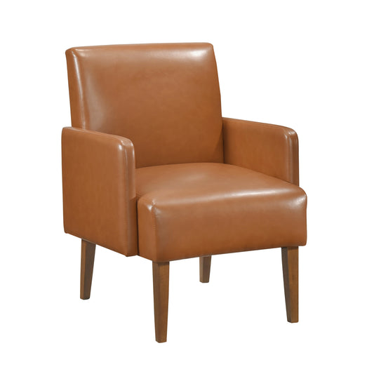 Brown faux leather accent chair with wooden legs