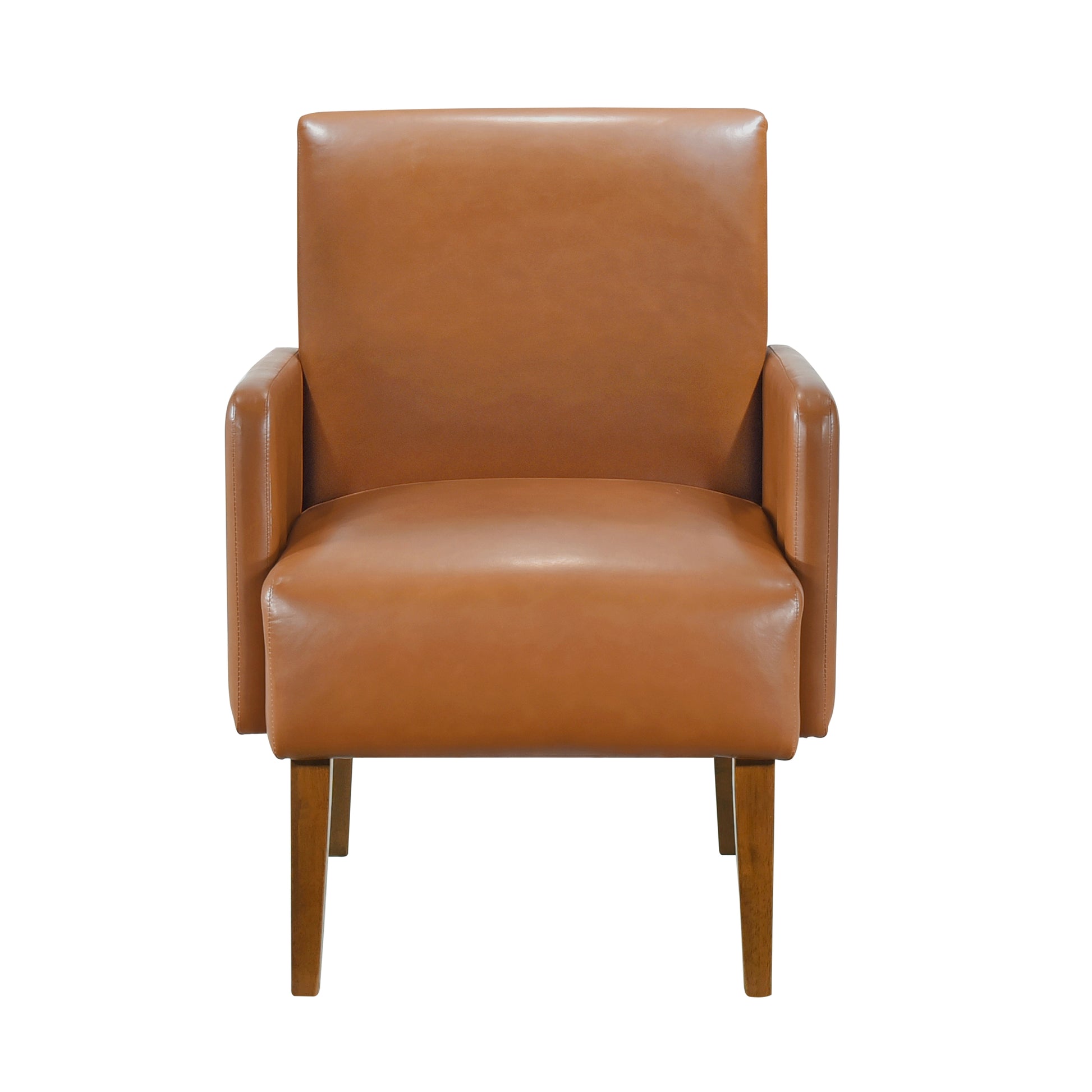 Tan faux leather accent chair with wooden legs and a comfortable seat