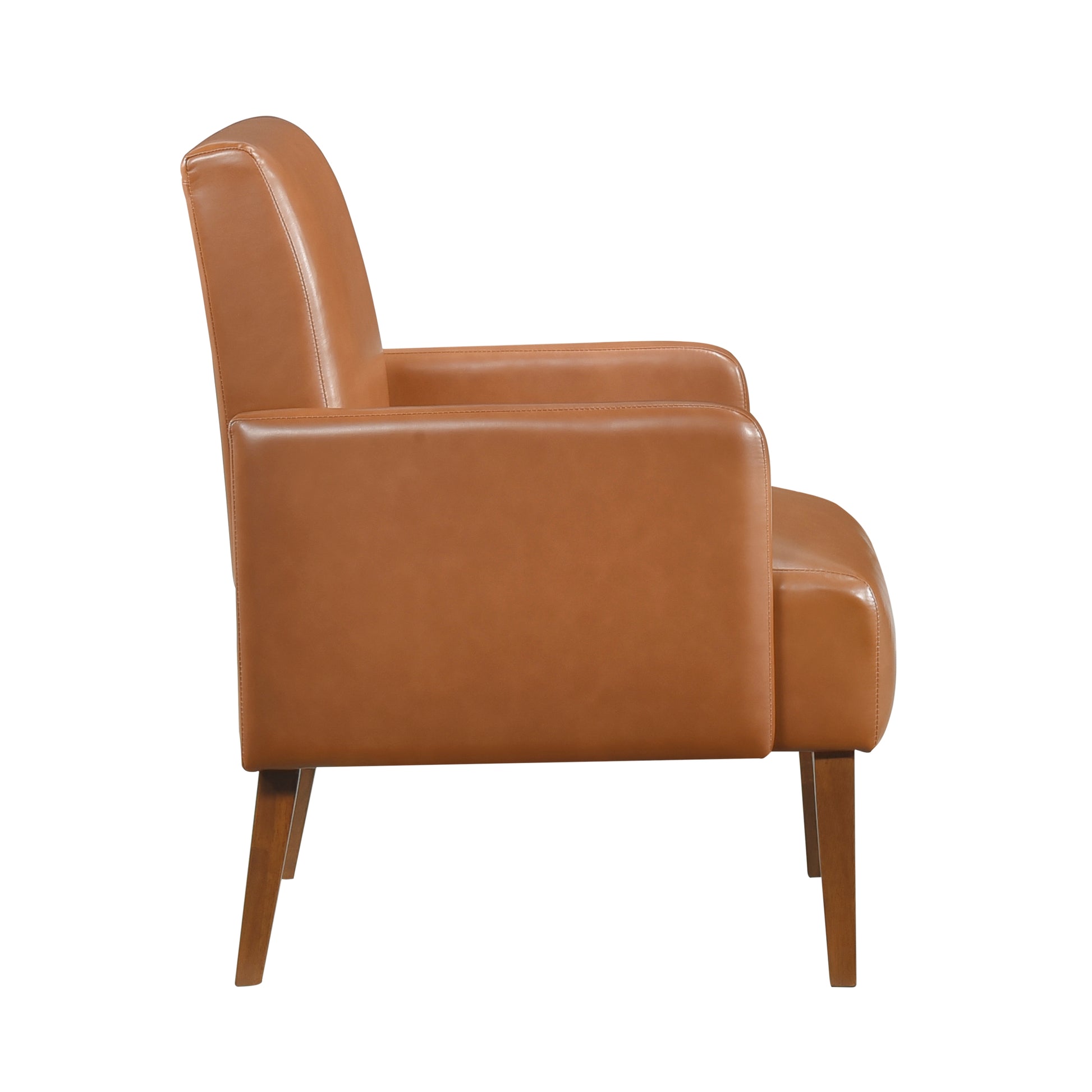 Brown leather accent chair with tapered wooden legs perfect for modern living rooms