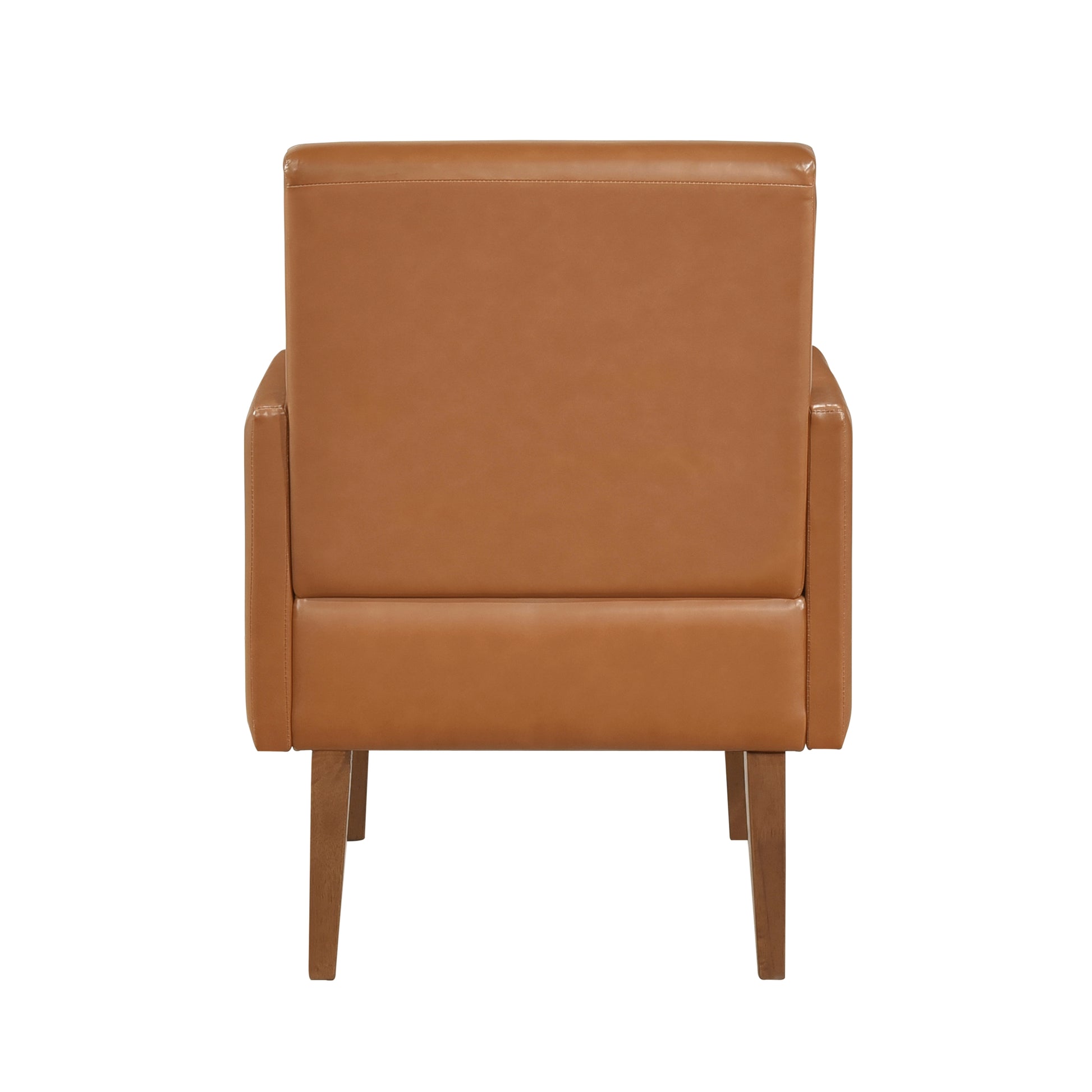 Brown leather accent chair with clean lines and wooden legs