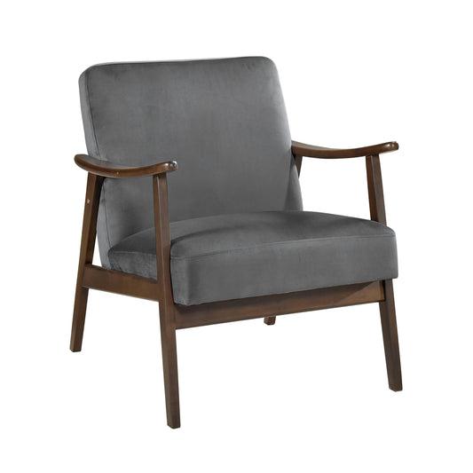Grey velvet accent chair with wooden frame and arms