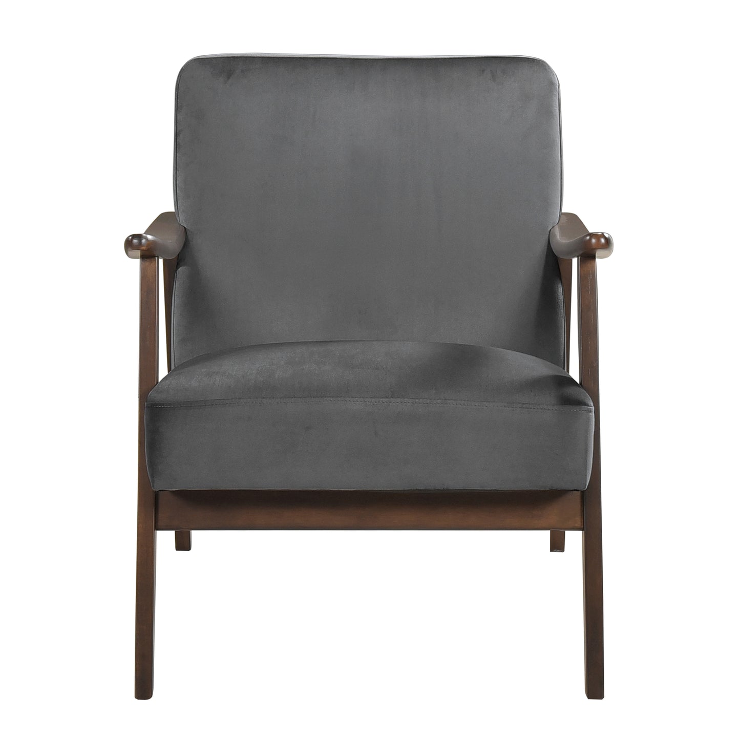 Midcentury modern gray velvet armchair with dark wood frame and armrests perfect for living rooms