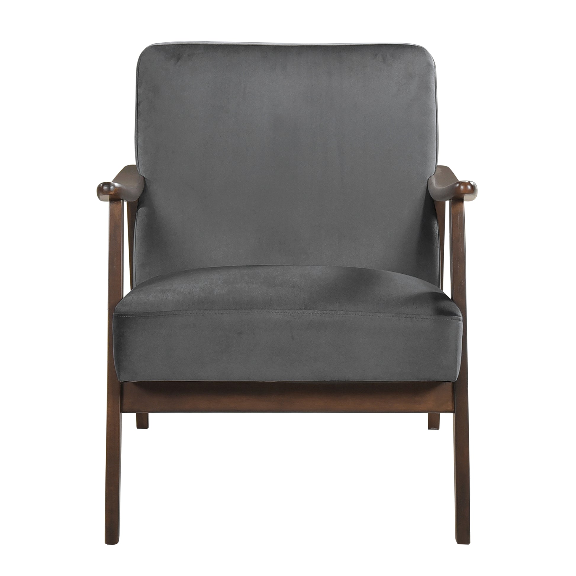 Midcentury modern gray velvet armchair with dark wood frame and armrests perfect for living rooms