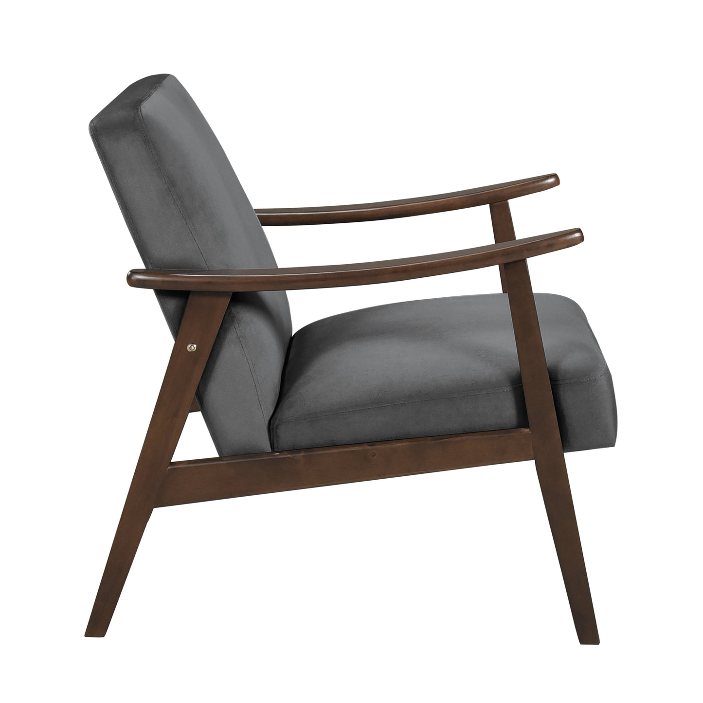 Midcentury modern accent chair with grey upholstered seat and dark wood frame