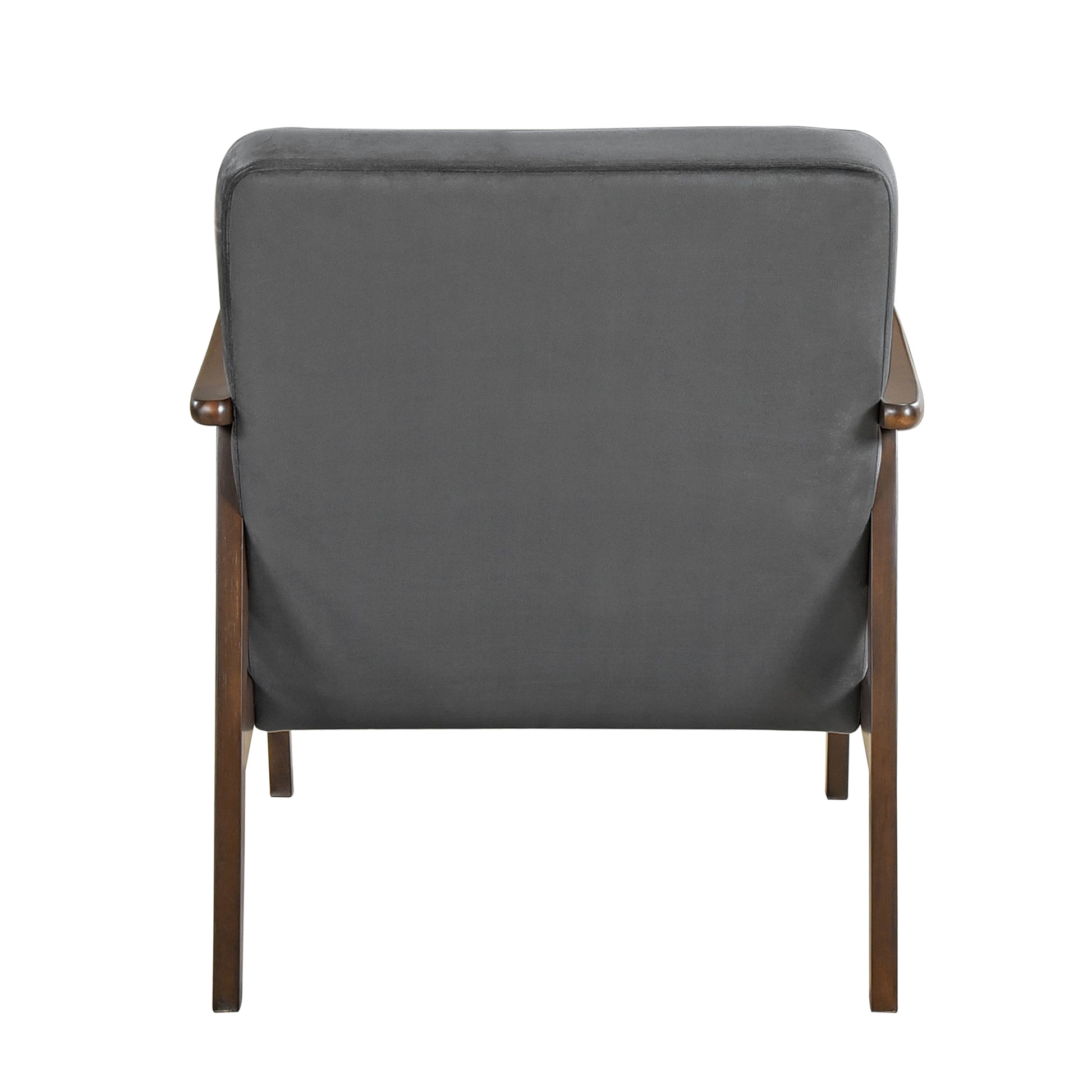 Back view of a dark gray upholstered accent chair with wooden frame legs and arms