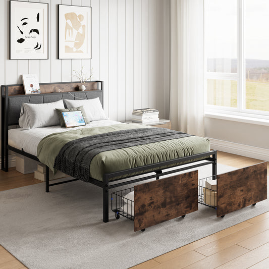 Industrial style black metal bed frame with wood headboard and storage drawers
